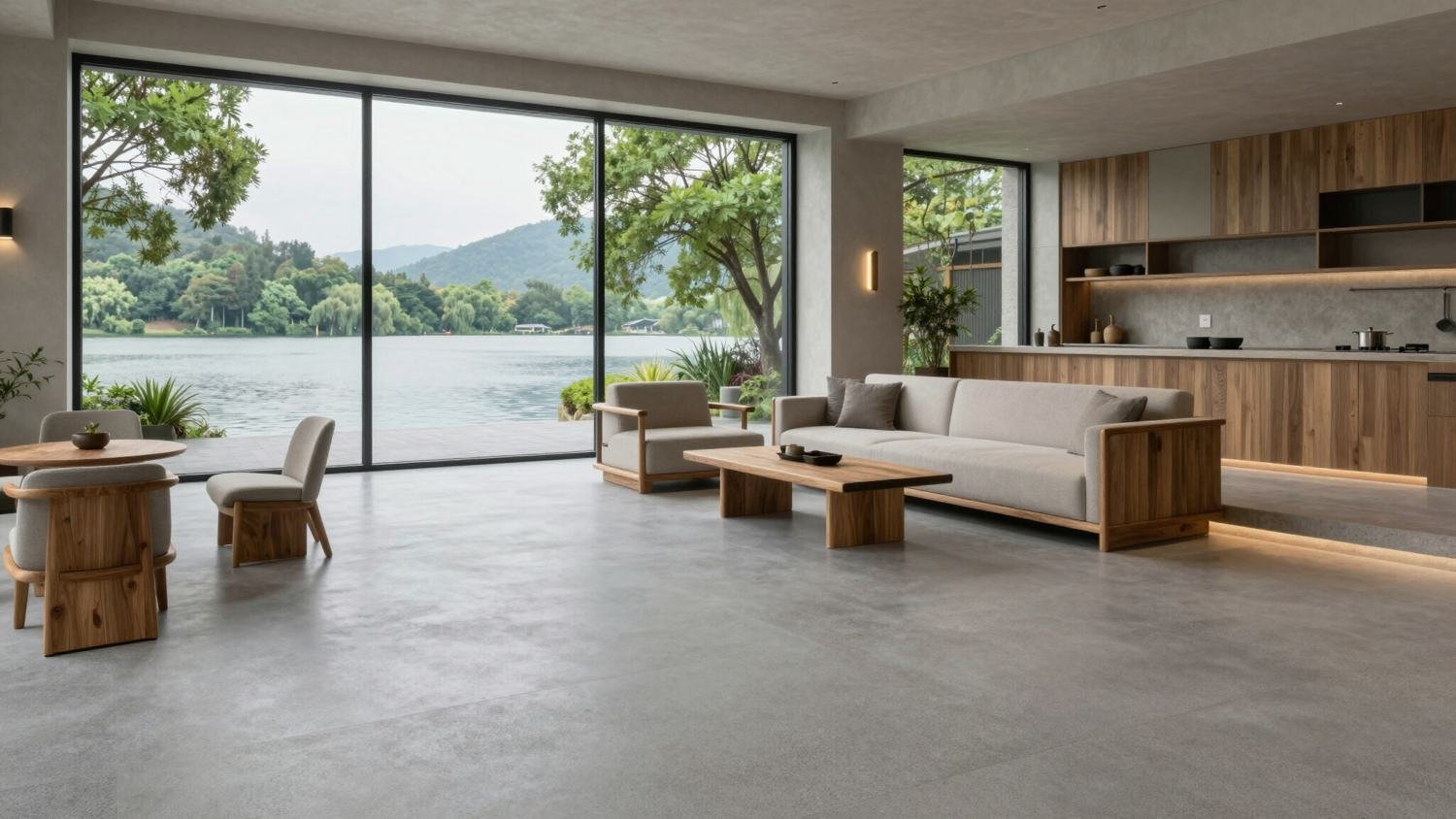 Microcement throughout a lakeside home