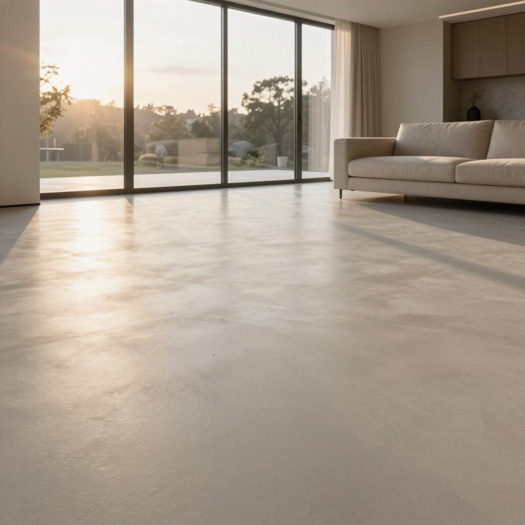 Microcement floor, open-plan living room